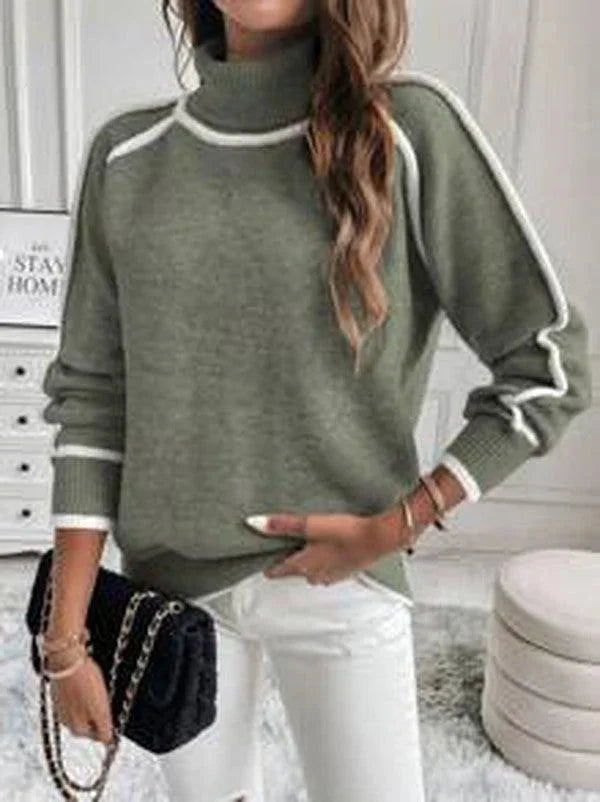 Pull col roulé femme olive avec accents blancs, en tissu doux, pour un style décontracté.