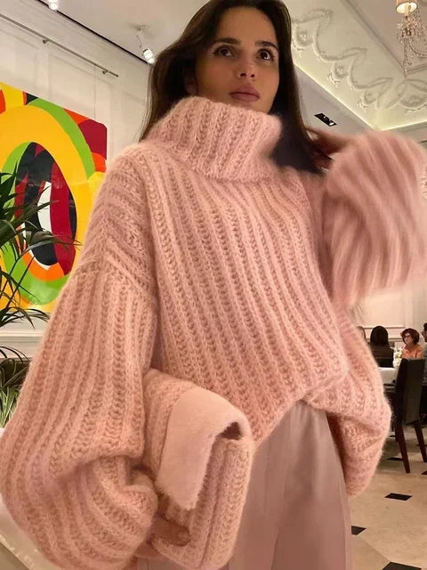 Pull à col roulé femme en mélange de coton, coupe décontractée, couleur rose, adapté pour la mi-saison.