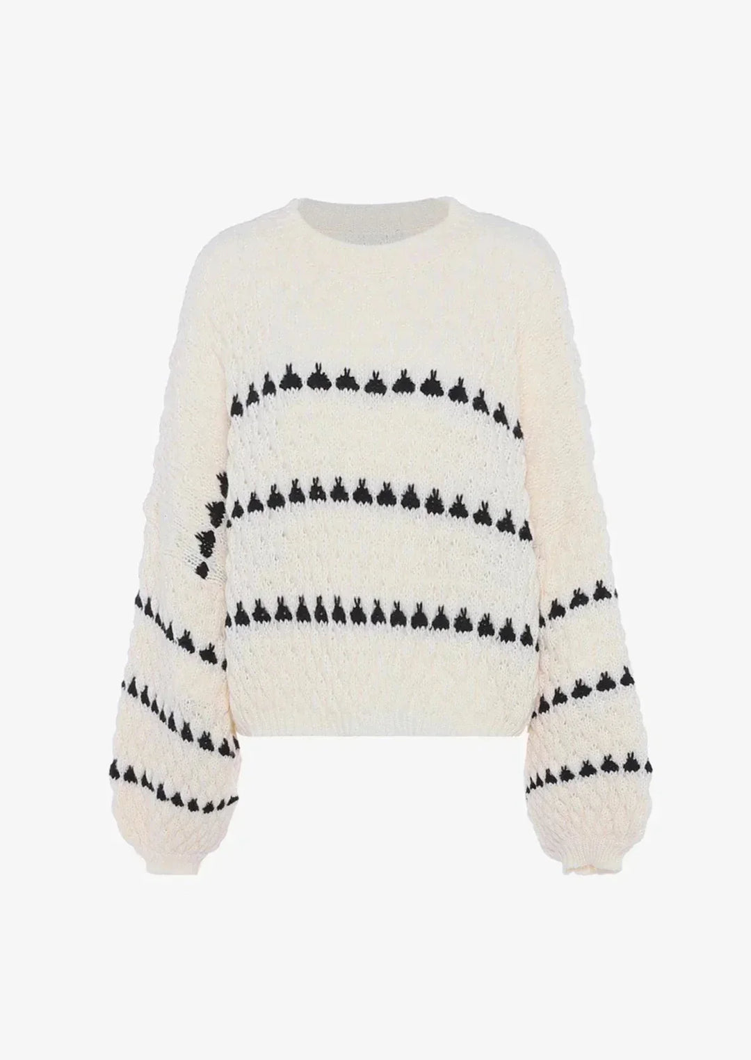 Pull en maille texturée blanc avec motifs géométriques, adapté pour un style décontracté.