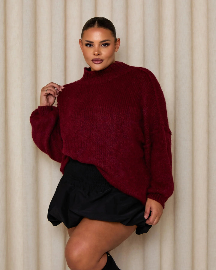 Pull femme ample couleur toffee avec col roulé, en mélange de coton doux.