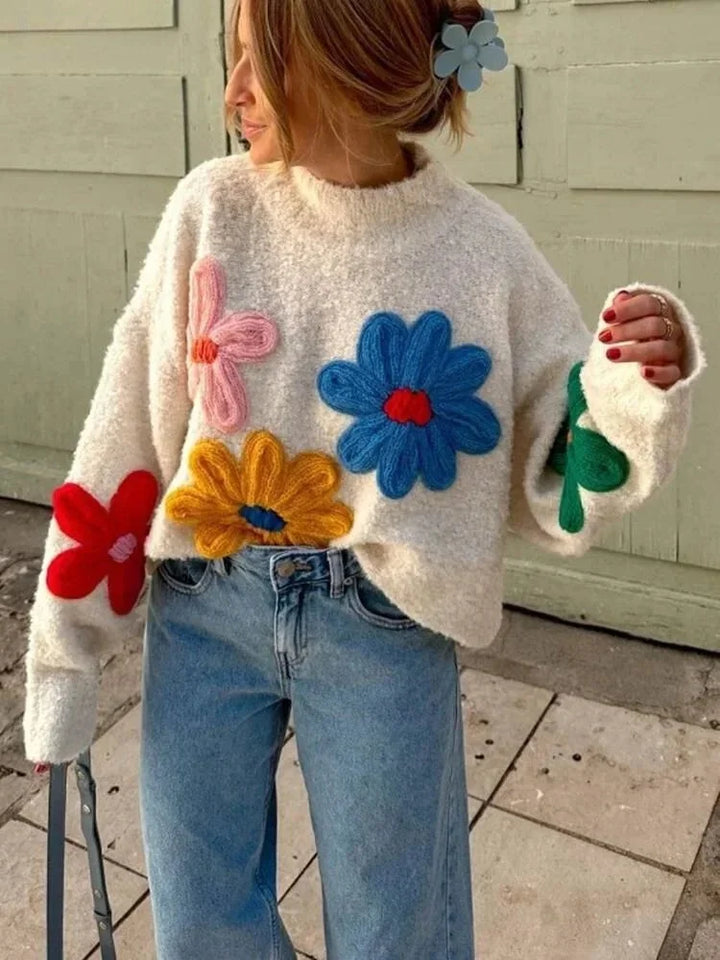 Maglione Donna con Fiori Ricamati Colorati - Vesarelli