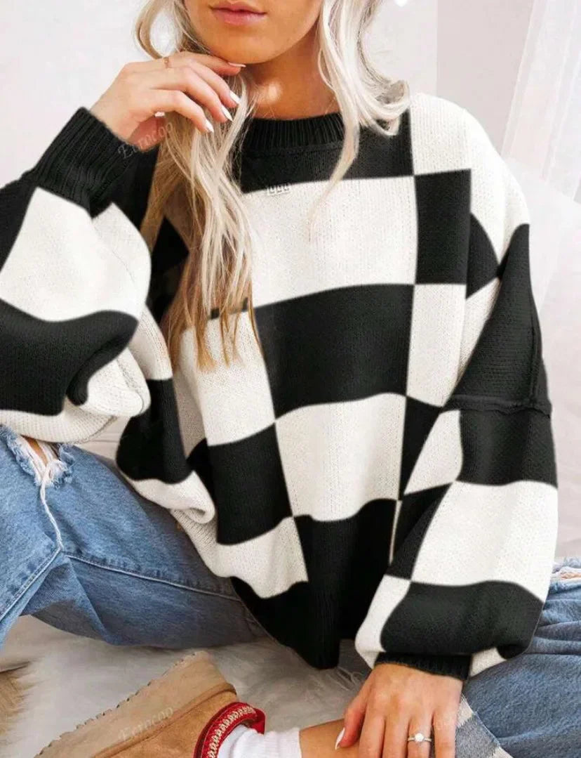 Pull femme en maille douce, à carreaux, coupe décontractée, couleur bleue.