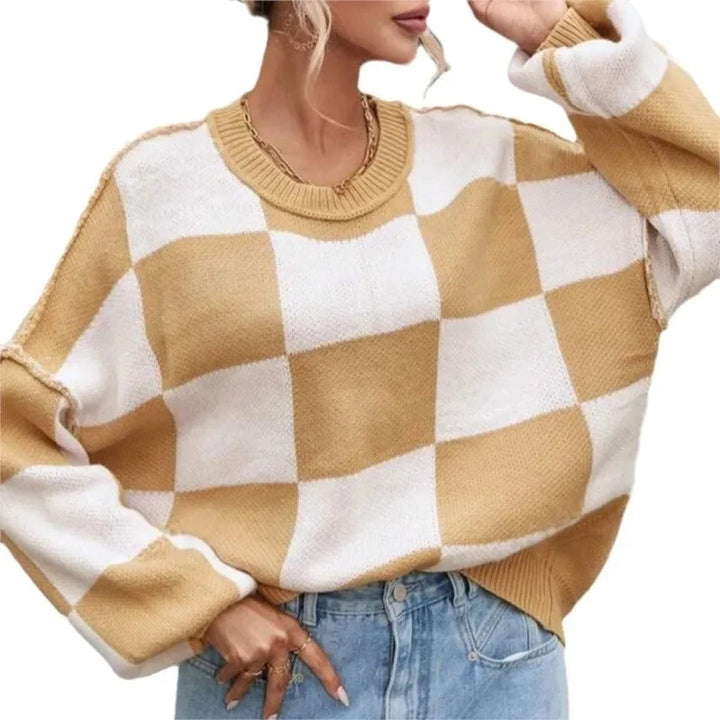 Pull femme en maille douce, à carreaux, avec col rond, couleur rose foncé.