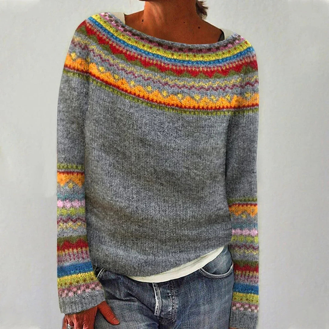 Pull femme col bateau rayé, tricoté, style rétro, multicolore.