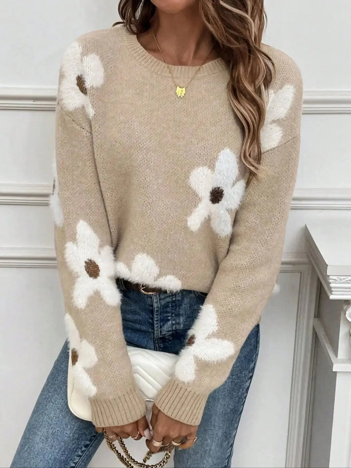 Pull femme à col rond, motif floral, en mélange de coton, coupe confortable.