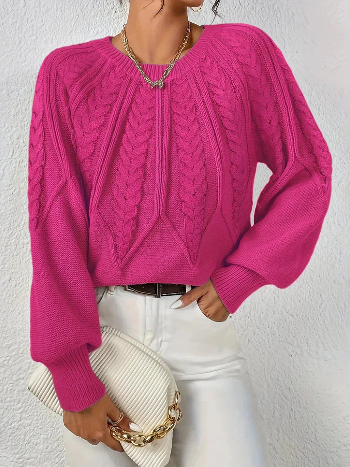 Pull femme kaki à motif torsadé, manches longues, en coton doux et respirant.