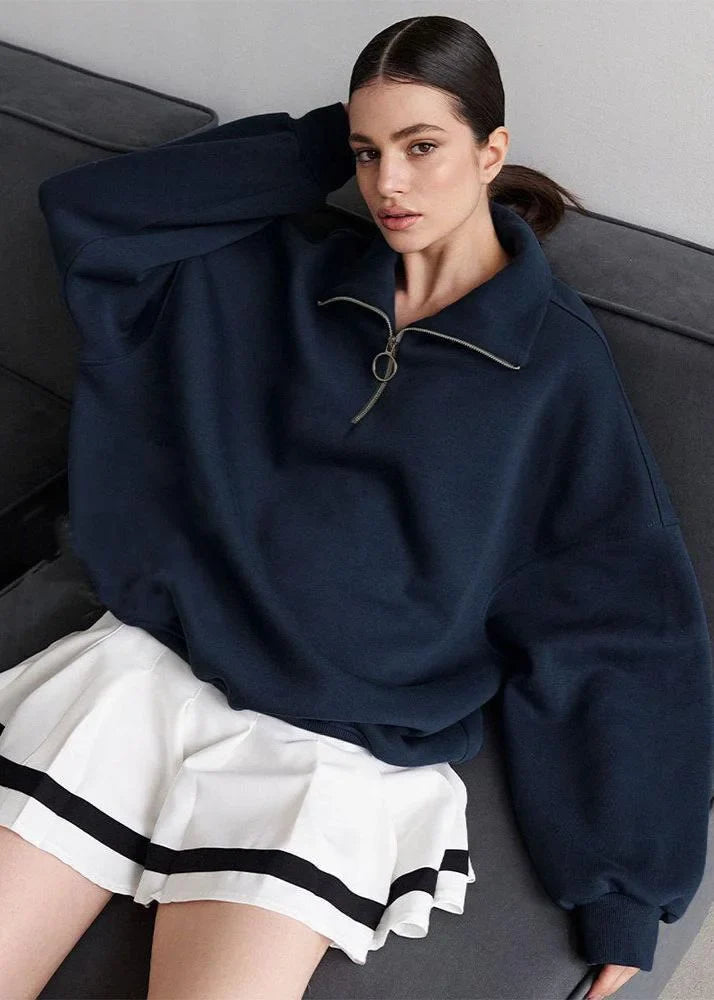 Pull à fermeture éclair bleu marine en coton, coupe décontractée pour le quotidien et les loisirs.