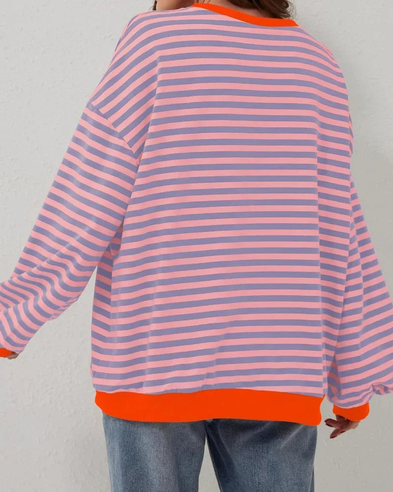 Pull oversize rayé femme en mélange de coton, couleur vin, pour un style décontracté.