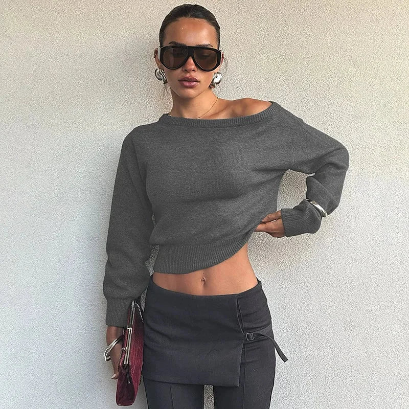 Pull à une épaule pour femmes, noir, en mélange de coton, style décontracté, adapté pour l'automne.