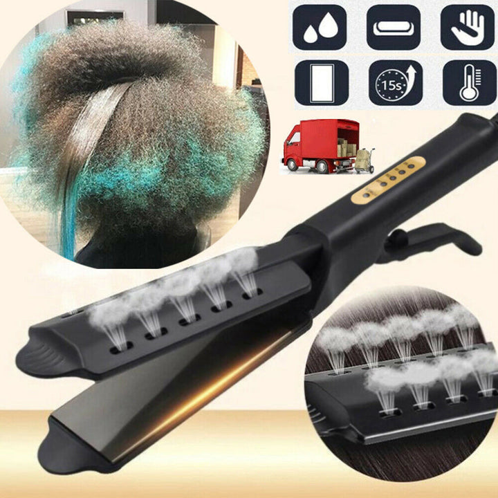 Piastra per capelli a vapore, nera, con display LED e funzione di riscaldamento rapido. Ideale per lisciare capelli ricci e crespi.
