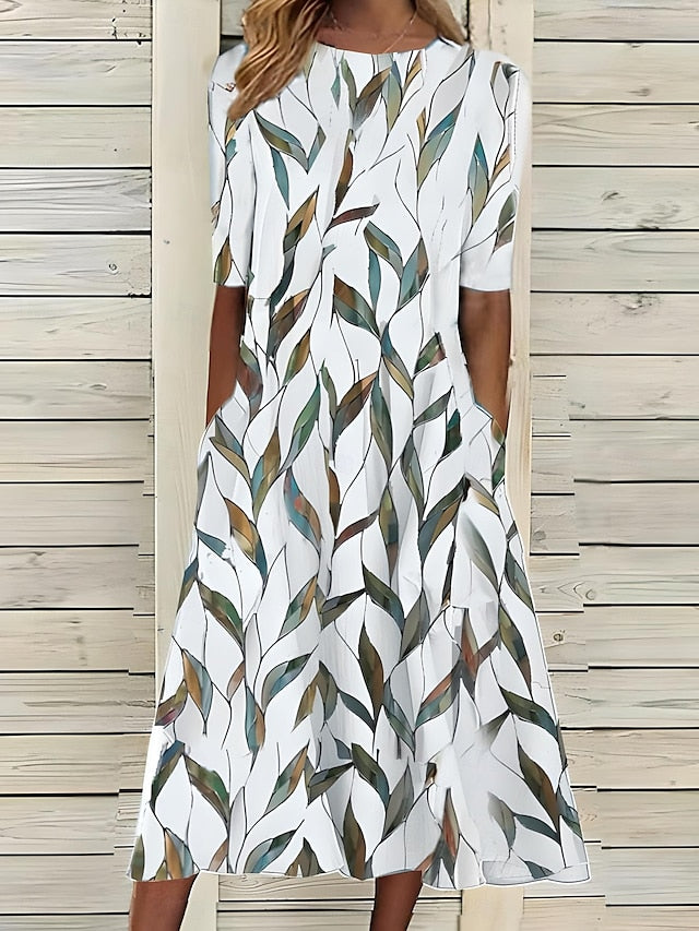 Abito Midi Donna Stampa Floreale Scollo Tondo Estivo