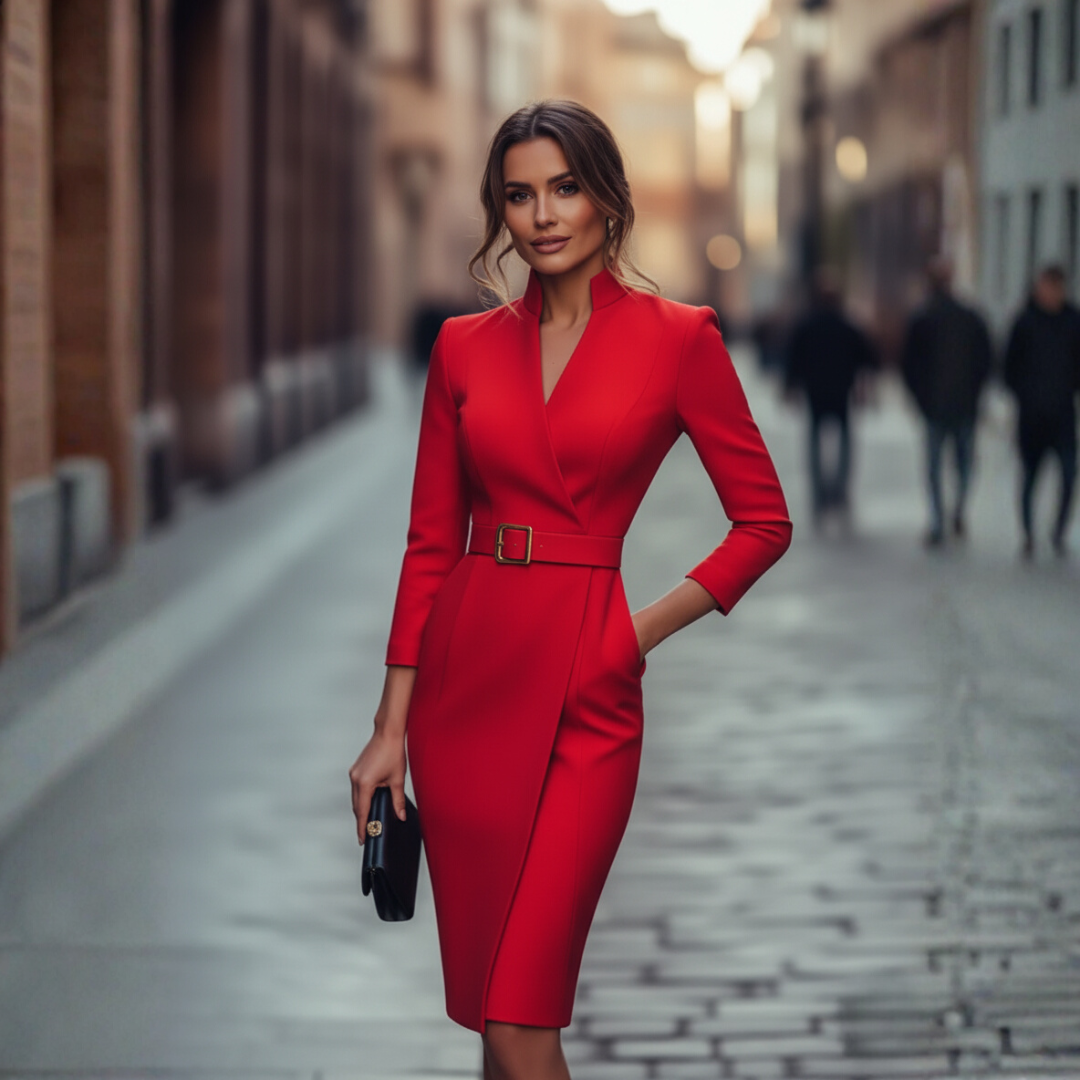 Abito Midi Donna Tubino Scollo a V con Cintura