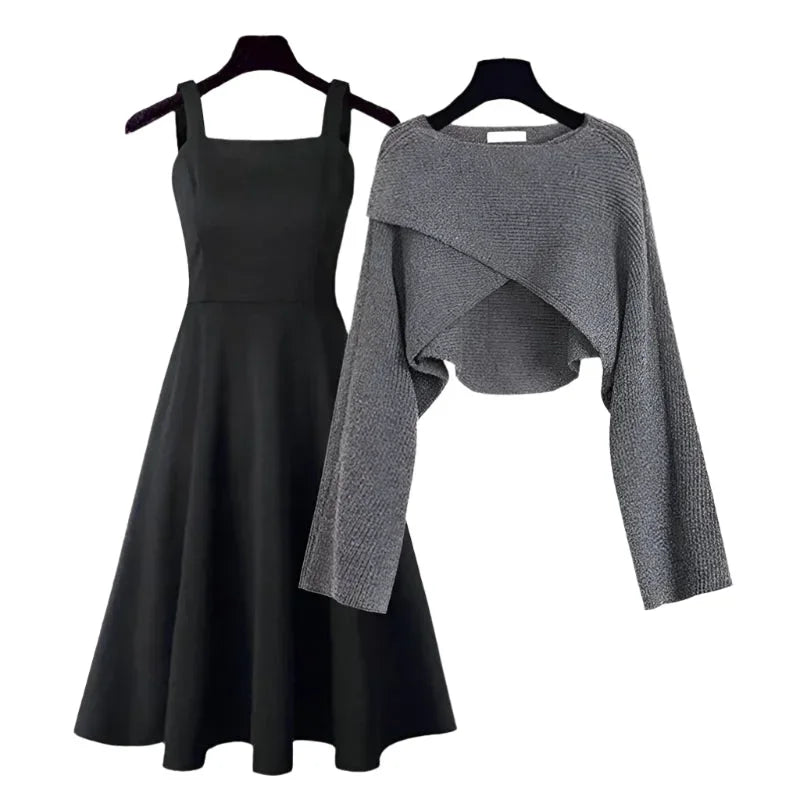 Robe ample gris pour femme, avec pull asymétrique en maille, offrant confort et style décontracté pour toutes occasions.