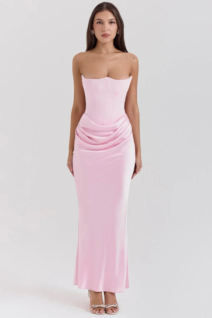 Robe bustier femme maxi drapée en chiffon léger, à la coupe fluide et à l'élégant drapé sur le devant.