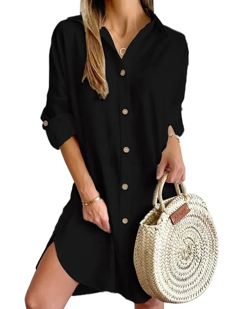 Robe chemise mini boutonnée en tissu léger, col classique, manches longues, idéale pour un look quotidien décontracté.