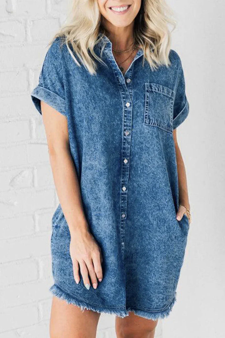 Abito Corto Donna in Denim Bottoni Manica Corta - Vesarelli