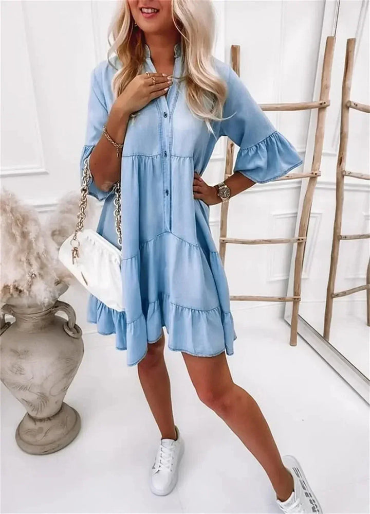 Abito Corto Donna in Denim con Volant Manica Corta - Vesarelli