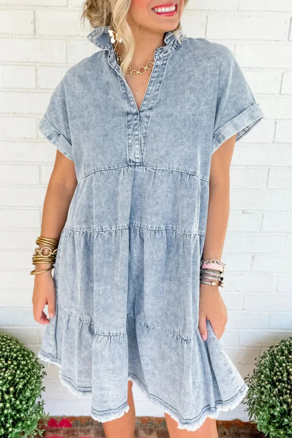 Abito Corto Donna in Denim Scollo a V Manica Corta Estivo - Vesarelli