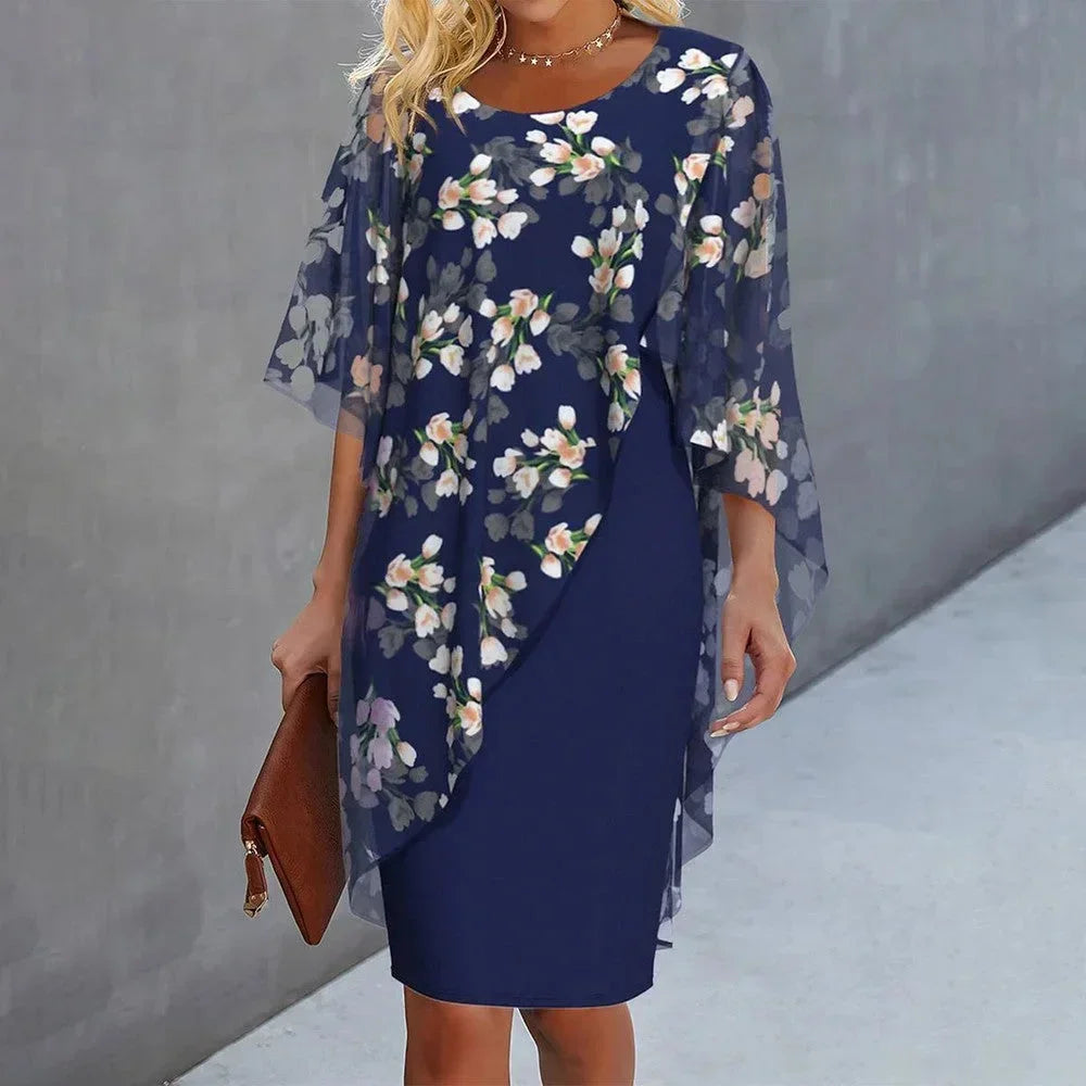Robe courte florale en tissu léger, superposition transparente, manches chauve-souris, idéale pour des occasions…