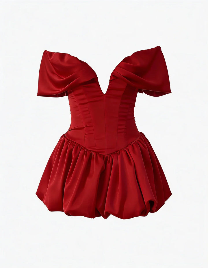 Robe de soirée rouge pour femme, en satin, avec bustier ajusté et jupes bouffantes pour un style élégant et sophistiqué.