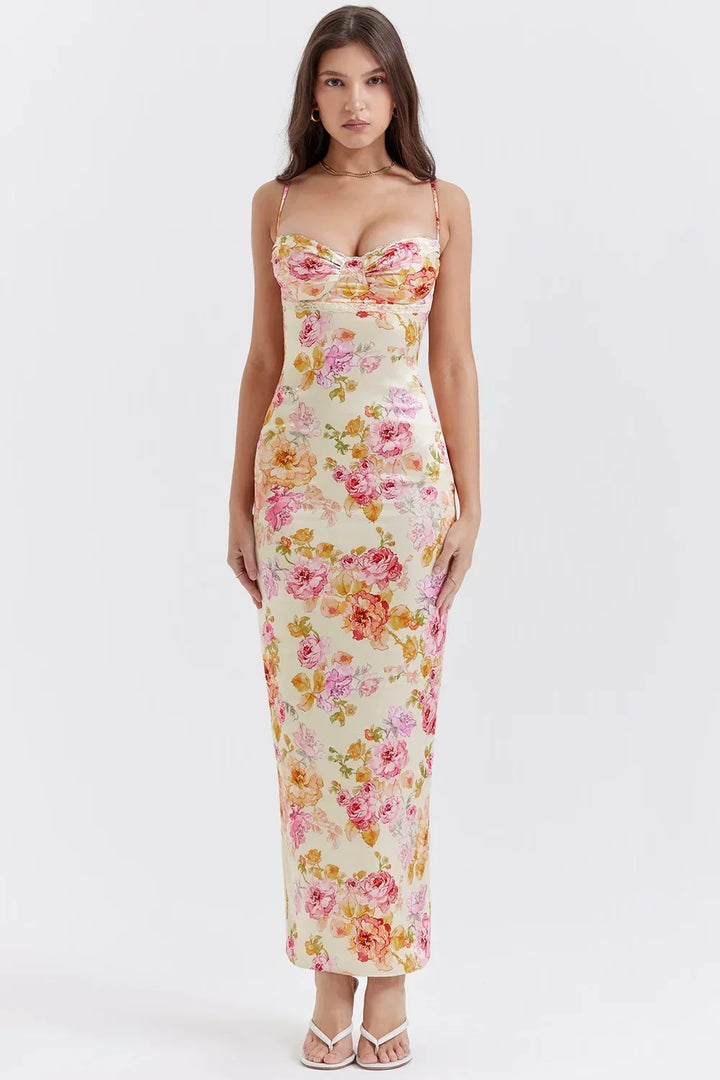 Abito Lungo Donna a Fiori Scollo Cuore Bretelle Slim - Vesarelli