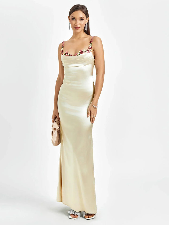 Abito Lungo Donna in Satin con Decorazioni Floreali Elegante - Vesarelli