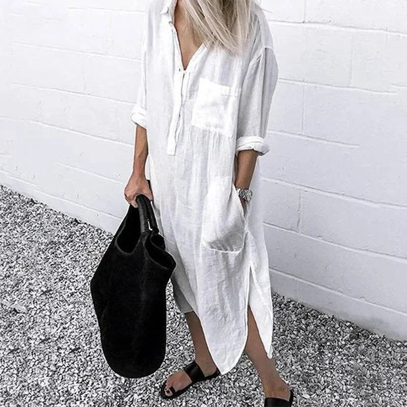 Abito Lungo Donna in Lino Tasche Comode Ampio - Vesarelli