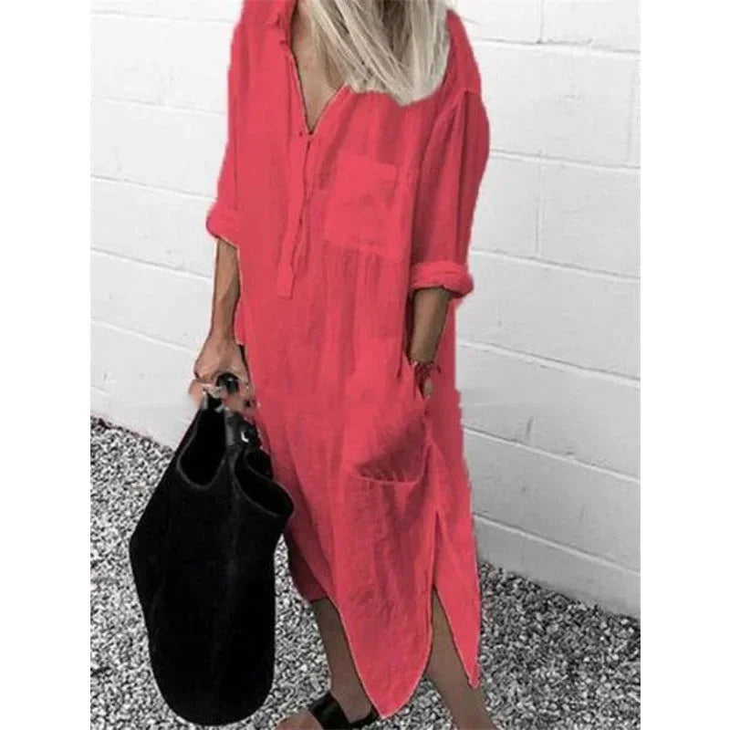 Robe longue en lin rouge, ample, avec poches pratiques, parfaite pour un look décontracté et estivale.