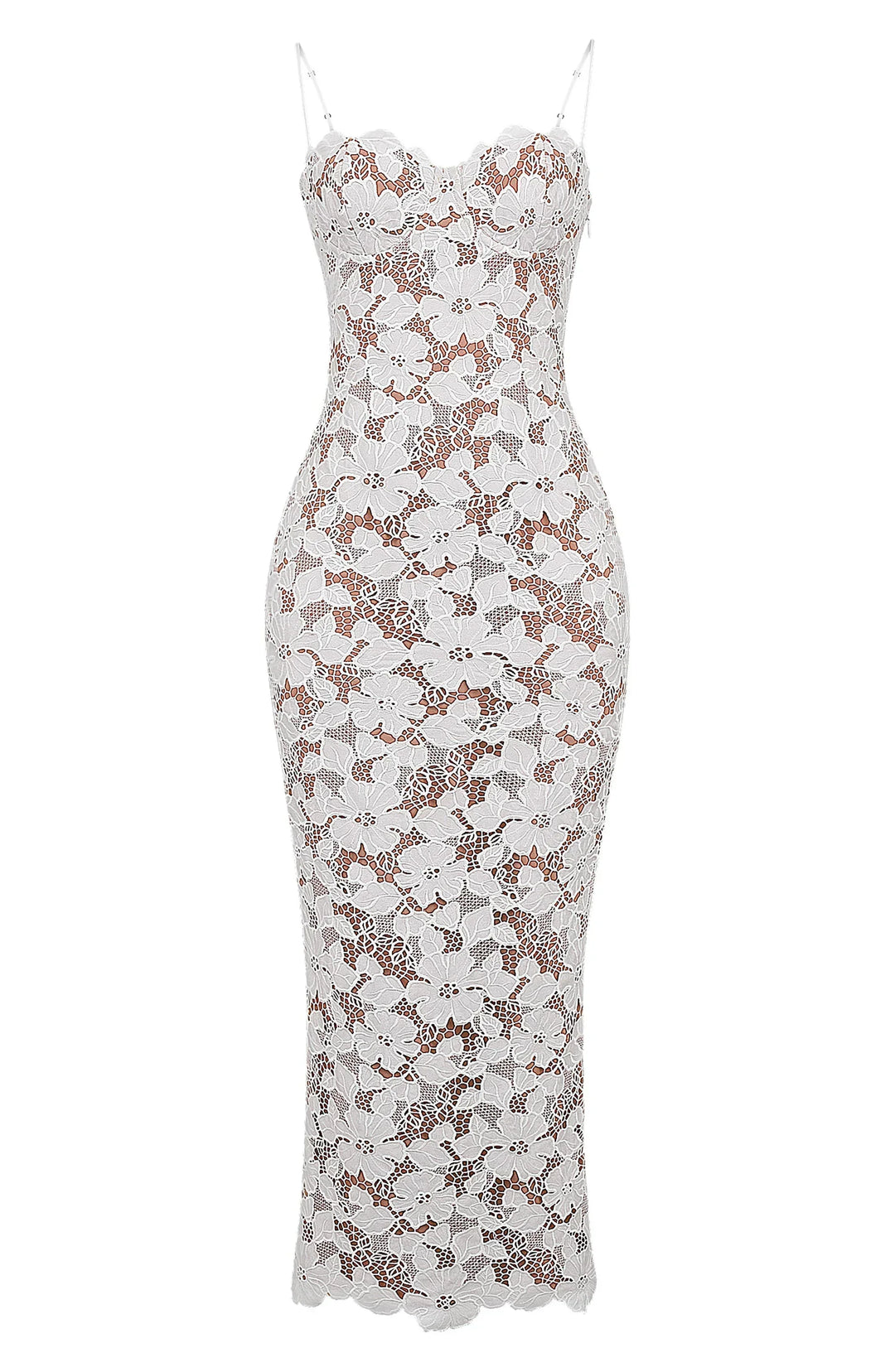 Robe longue blanche en dentelle florale avec bretelles spaghetti et corset, parfaite pour les occasions spéciales.