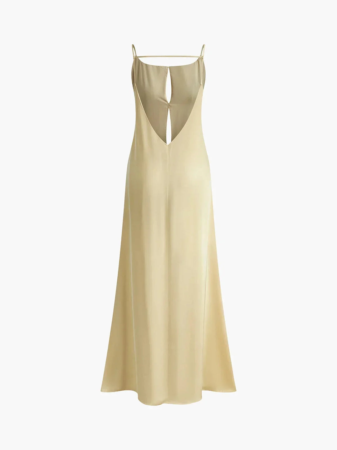 Robe longue jaune à dos nu avec fines bretelles, conçue en tissu léger et fluide, idéale pour les journées d'été.