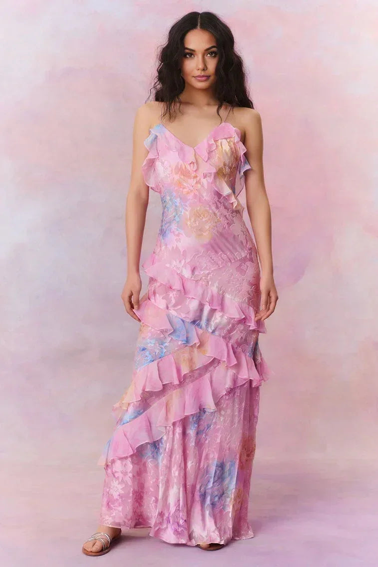 Robe longue femme à volants en rose bébé, en coton léger, avec des manches flottantes et une coupe fluide parfaite pour…