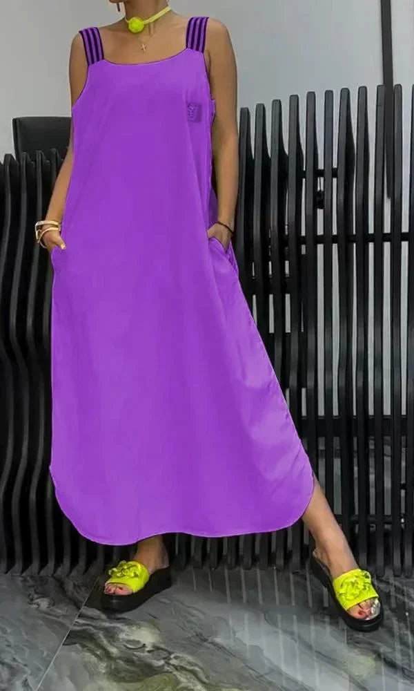 Robe longue femme en coton léger, bretelles larges, poches pratiques, style décontracté idéal pour l'été.