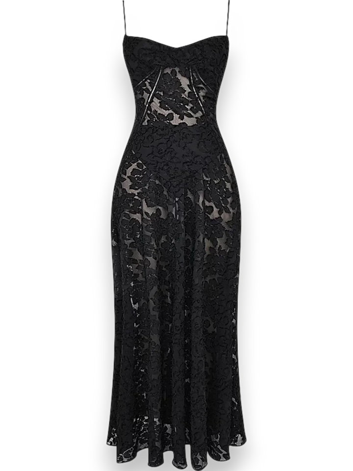 Robe longue femme en coton, ornée de broderie florale délicate et dotée de bretelles fines pour un style élégant.