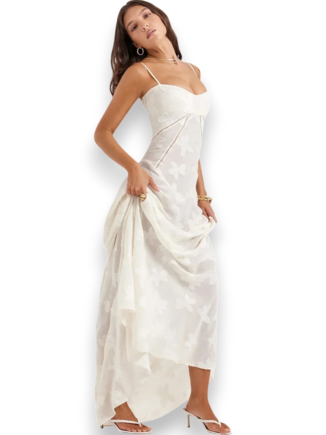Robe longue en coton avec broderie florale délicate et bretelles fines, idéale pour un look élégant et décontracté.