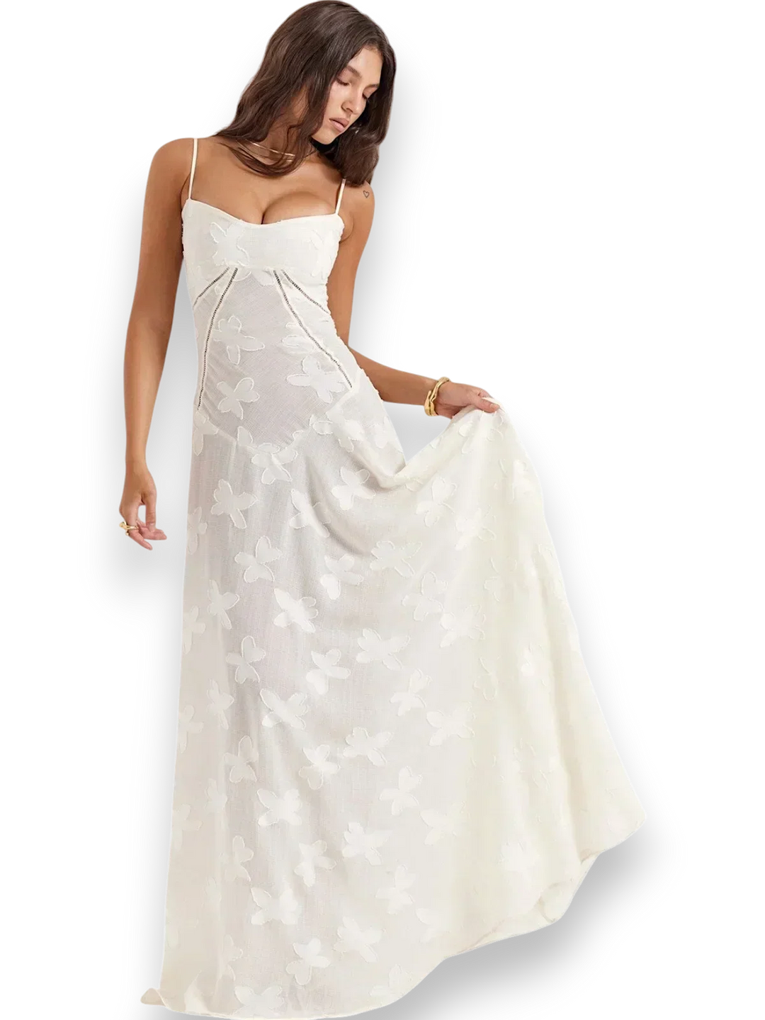 Robe longue en tissu léger, broderie florale délicate, bretelles fines et coupe fluide, idéale pour les occasions estivales.