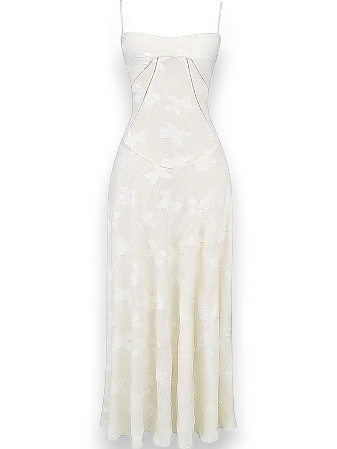 "Robe longue en coton léger avec broderie florale délicate et bretelles fines, parfaite pour les journées d'été."