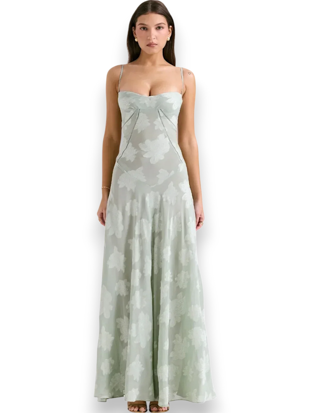 Robe longue femme verte, en coton léger, avec broderie florale colorée et bretelles fines pour un look élégant et…