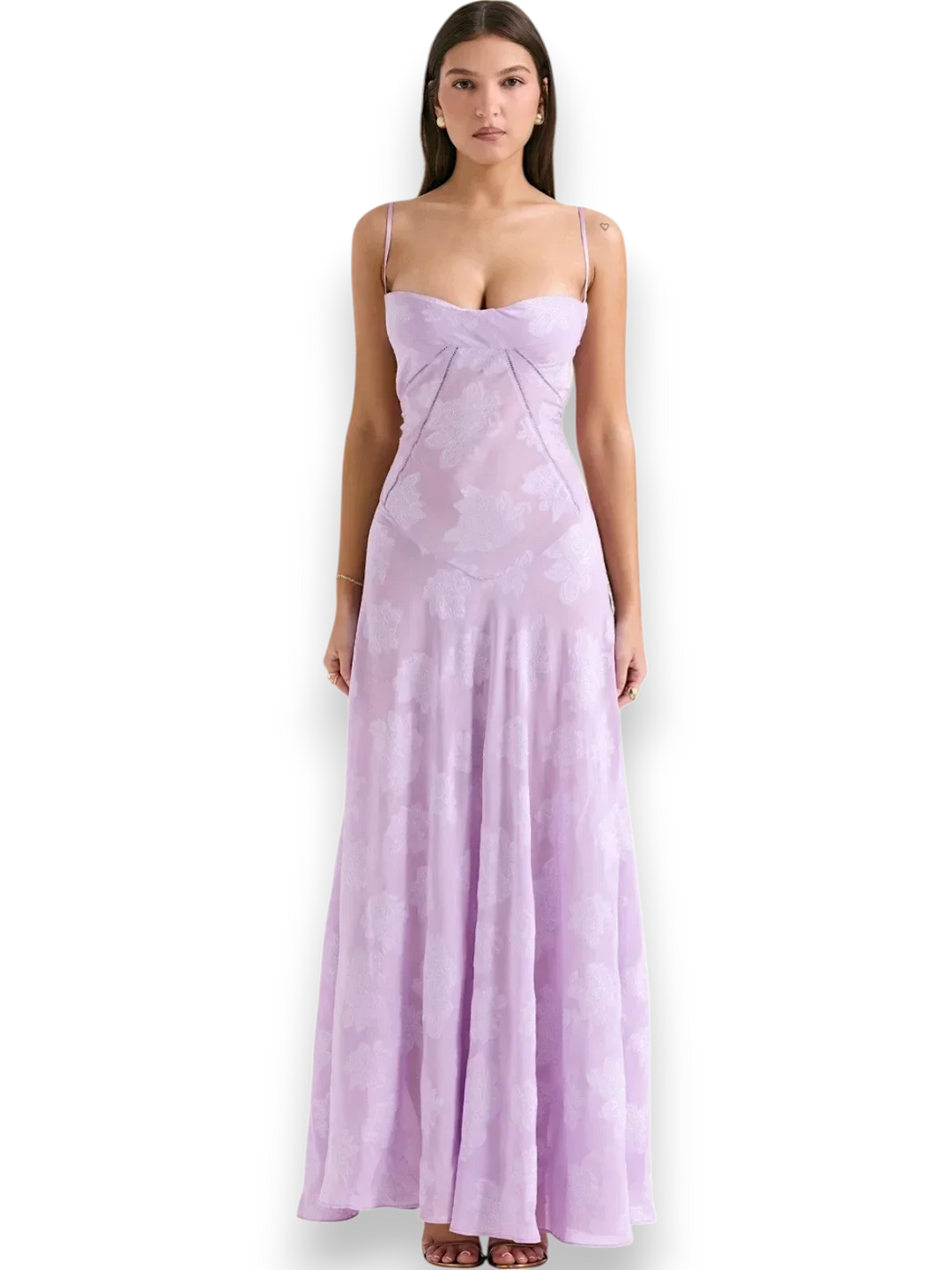 Robe longue violette en coton, broderie florale délicate, bretelles fines et coupe fluide idéale pour l'été.