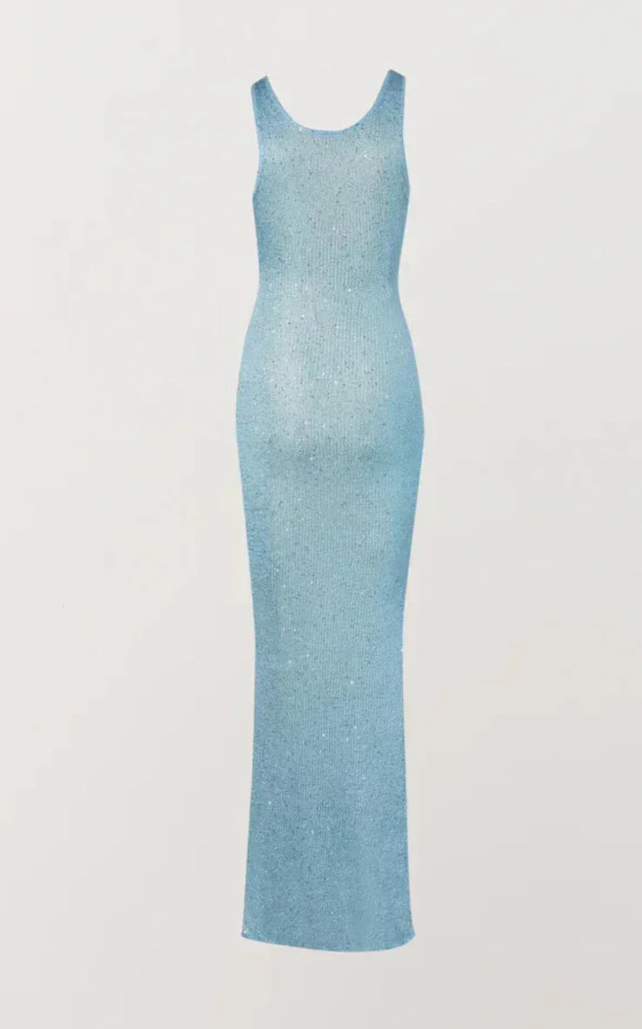 Robe longue femme en tissu léger, décorée de paillettes, avec un élégant col rond et une coupe fluide.