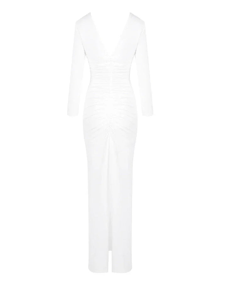 Robe longue blanche pour femme, en tissu léger, manches longues, coupe élégante, parfaite pour les occasions formelles.