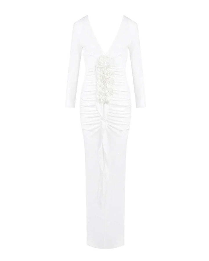 Robe longue blanche pour femme en tissu léger, manches longues, coupe fluide, idéale pour les occasions décontractées.