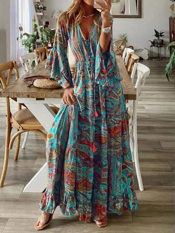 Robe longue orange femme en coton, à manches évasées et imprimée, parfaite pour l'été et les occasions décontractées.