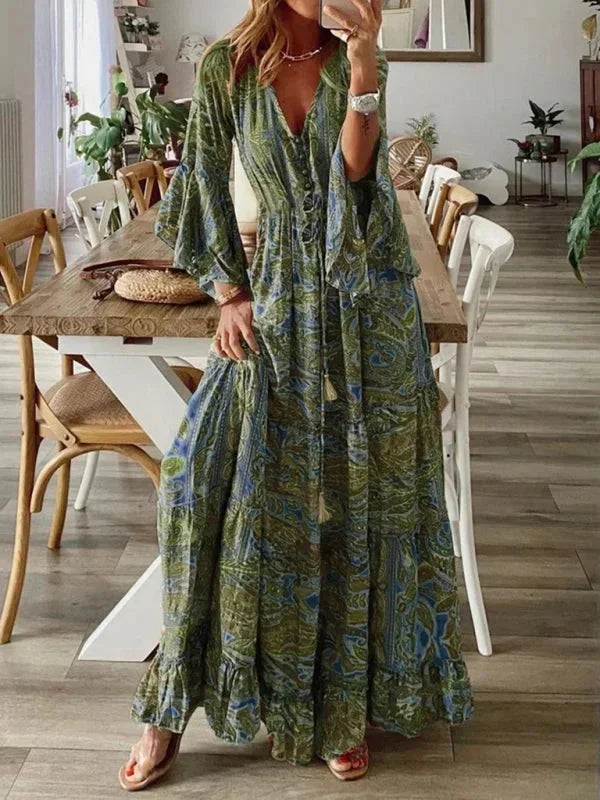 Robe longue femme bohème, vert clair, en coton léger, manches évasées, imprimée floral, idéale pour les journées d'été.