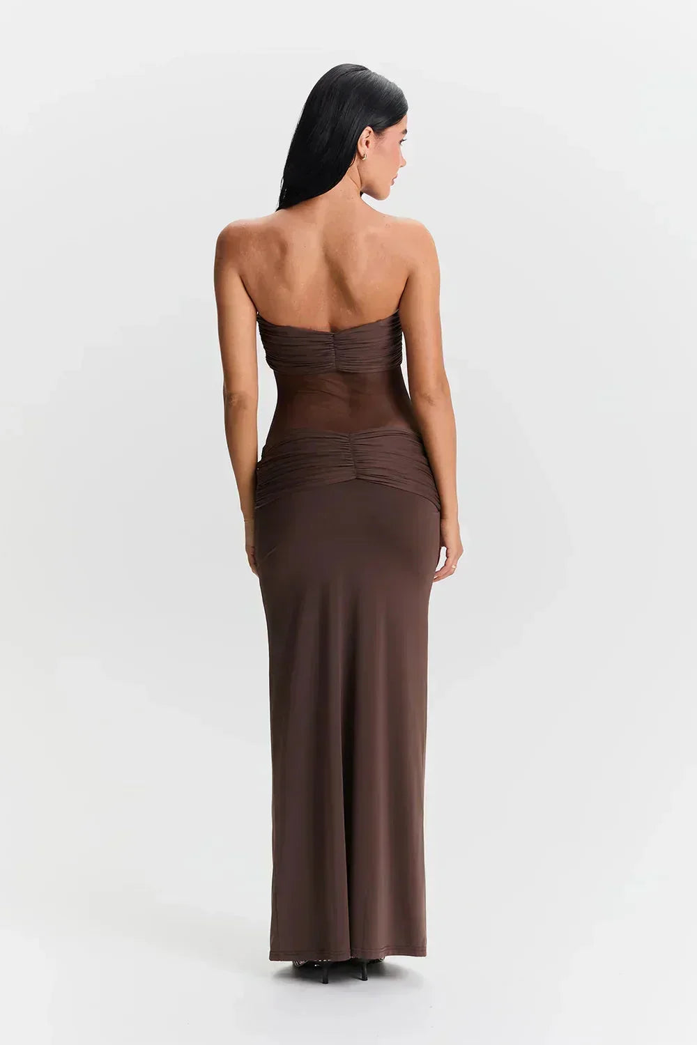 Robe longue pour femme; bustier avec détail transparent et nœud, en tissu doux et fluide, parfait pour les occasions…