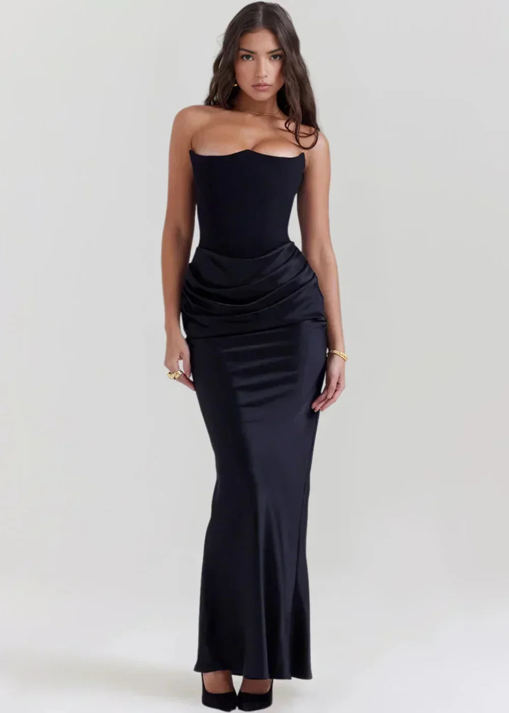 Abito Lungo Donna Bustier Satinato Arricciato Elegante - Vesarelli