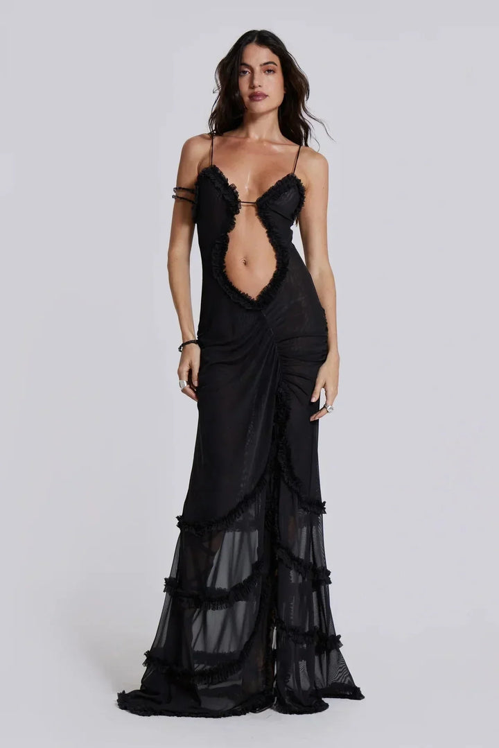 Robe longue noire femme en tissu fluide, col en V et détails drapés pour une silhouette élégante et sophistiquée.