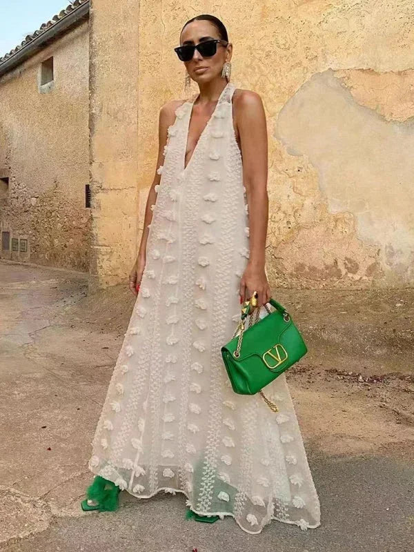 Abito Lungo Donna Collo Halter Dettagli Floreali Leggeri - Vesarelli