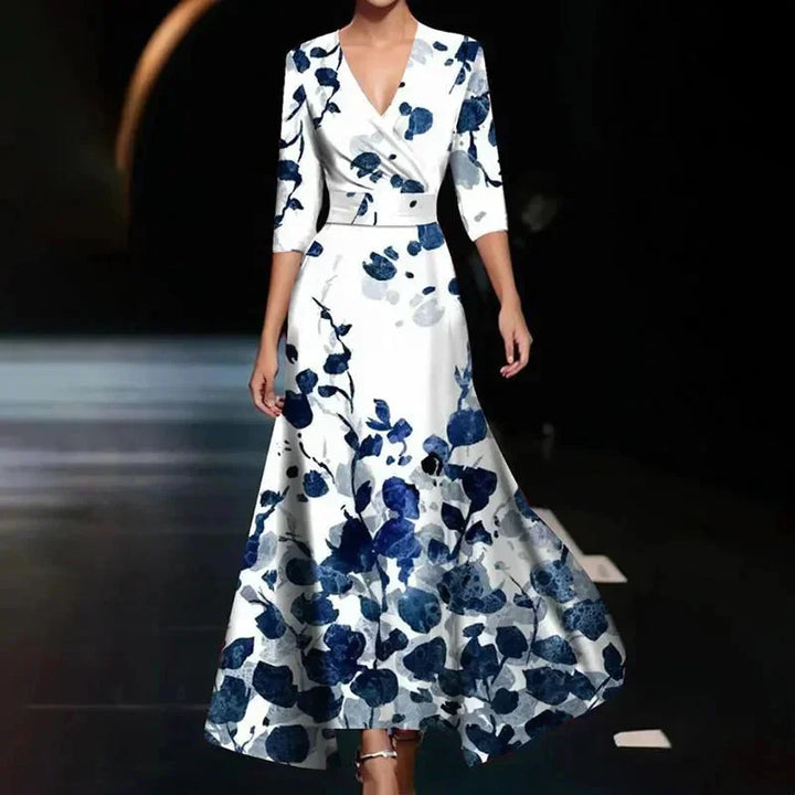 Robe longue femme en polyester, col V avec imprimé floral, ceinture pour un ajustement flatteur et style élégant.