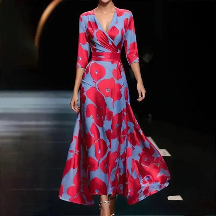 Robe longue femme rouge col V avec imprimé floral, ceinture ajustable, en tissu léger et fluide, idéale pour les occasions…