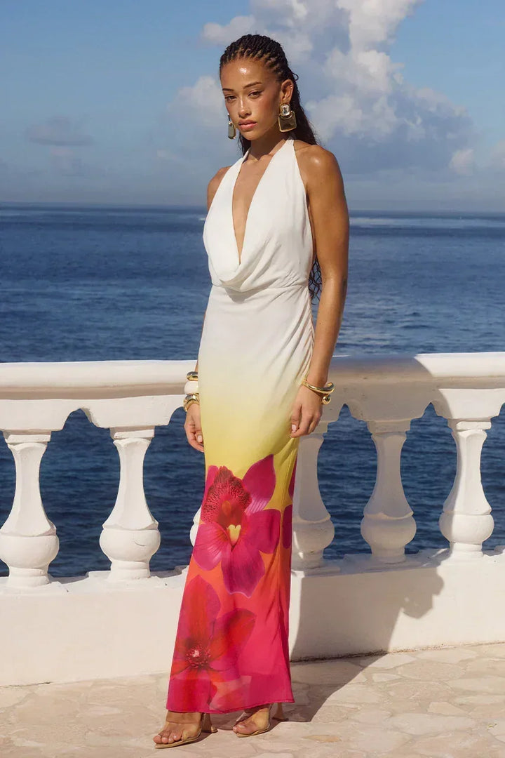 Robe longue femme en tissu léger, dégradé de couleurs avec motif floral, style dos nu et silhouette fluide.